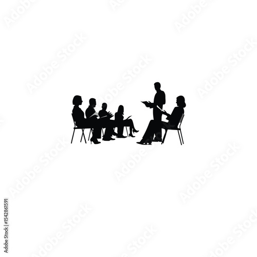 Employees attending a training seminar. on white background