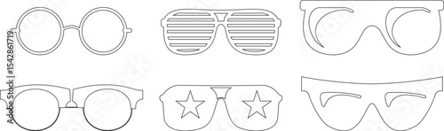 Sunglasses vector icon set for fashion accessory design summer eyewear style and sun protection Men and women glasses. hipster frame, fashion black plastic rims. Trendy Optics, modern shade graphic