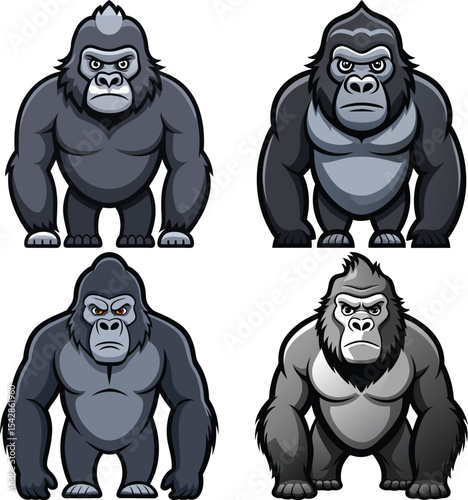 Four cartoon gorillas in different shades of gray