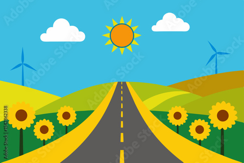 Vector cartoon illustration of a country road in a green summer meadow under a clear sky leading towards the horizon