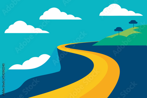 Here's a descriptive sentence for the image:

A winding road through green hills under a vast sky, leading to the horizon