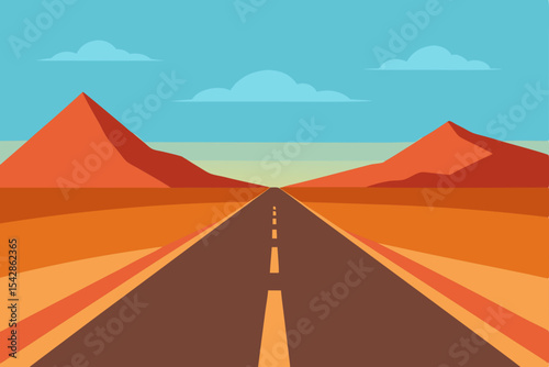 Desert road at sunset, with distant pyramids and mountains under an orange sky, perfect for travel and nature themes