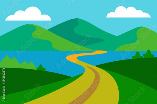 Green landscape illustration featuring a summer road winding through hills towards distant mountains under a blue sky with clouds