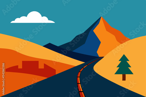 Orange sunset desert landscape with a winding road leading to silhouetted mountains under a vibrant sky