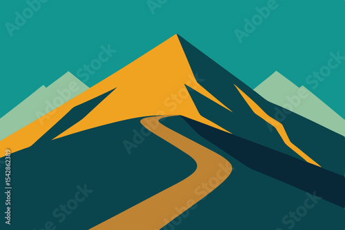 Arrow on an asphalt highway road sign points the way to a mountain landscape, illustrating a clear path to travel and success