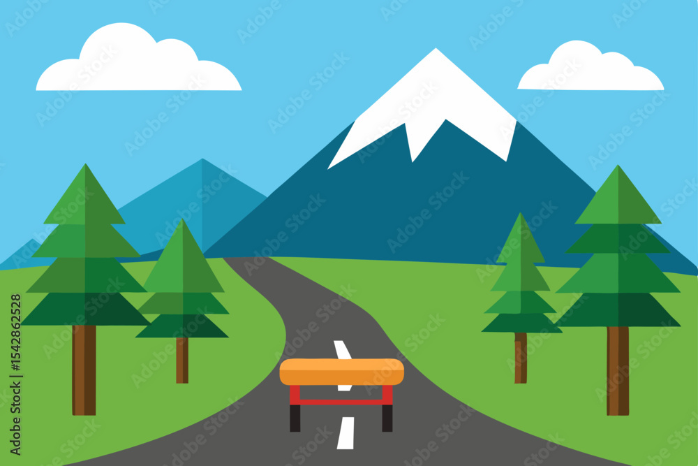 Snowy road winds through a winter mountain landscape with green trees under a cloudy sky Snowy road winds through a winter mountain landscape with green trees under a cloudy sky