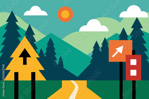 Vector illustration of a serene mountain landscape with trees, houses, and a village under a summer sky
