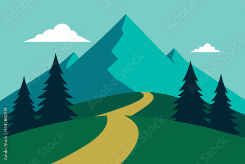 Winter forest landscape vector illustration: a serene nature scene with snow-covered pine trees and mountains under a festive sky, perfect for holiday season designs
