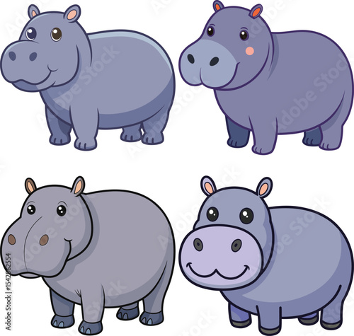 Four cute cartoon hippos illustration set