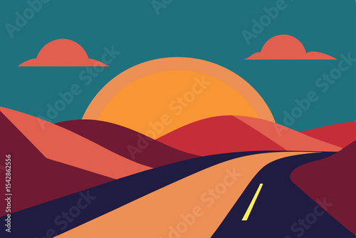 An idyllic vector illustration of a sunset over a mountain and sea landscape with orange skies and distant desert hills