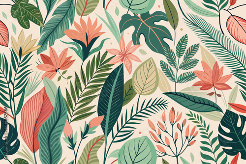 Lush Tropical Floral Pattern Design featuring vibrant leaves and flowers ideal for textile prints branding and website backgrounds