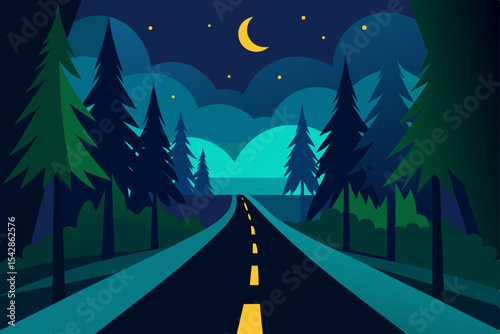 Moonlit winter forest road illustration with stars and dark blue sky