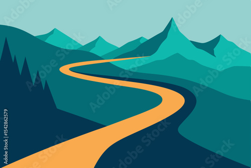 Winding asphalt road through a scenic mountain landscape under a summer sky