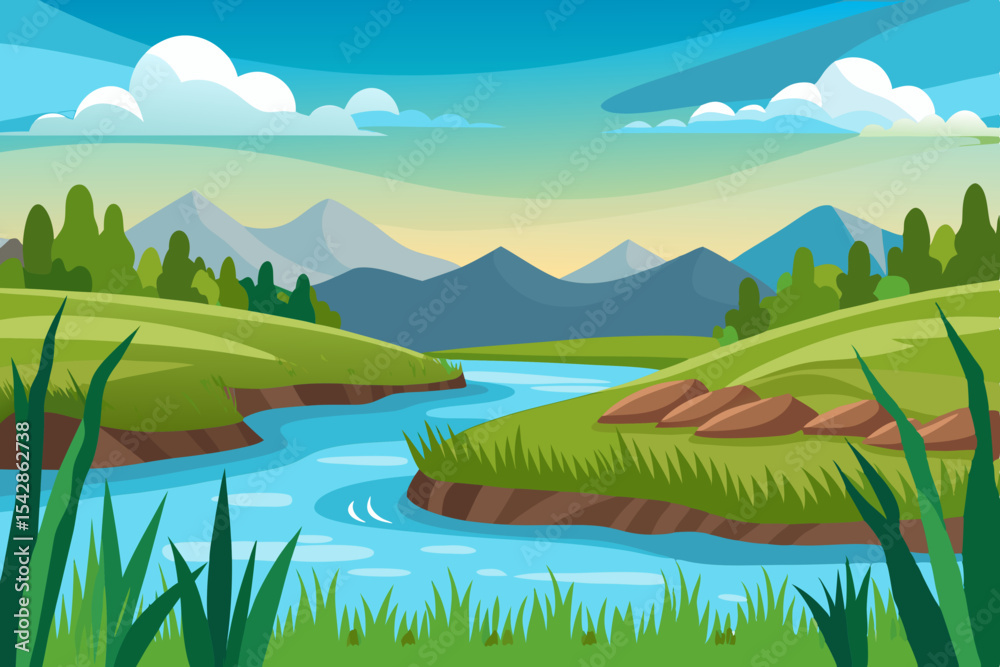 Fototapeta premium Serene River Landscape Design featuring lush green meadows rolling hills and a meandering river perfect for nature themed projects