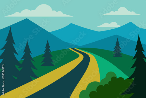 Winding asphalt road through a winter mountain landscape under a vast sky