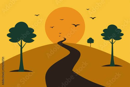 Autumn landscape with a lone tree silhouette on the road, bathed in the warm glow of the setting sun