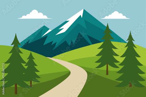 A picturesque winter landscape showcases a winding mountain road through a snow-covered pine forest with a clear blue sky