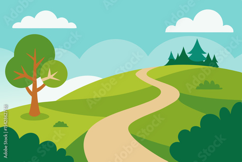 Lush summer landscape vector illustration with green trees, rolling hills, and a clear sky over a peaceful meadow