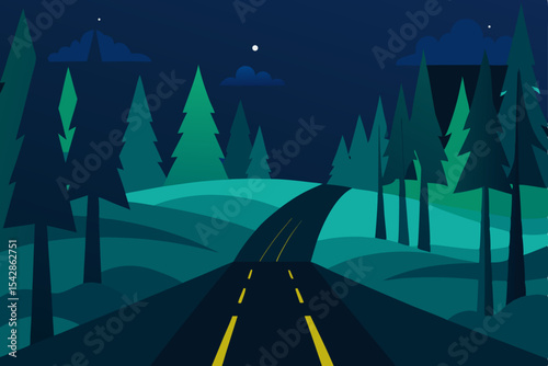 Moonlit asphalt highway winding through a dark forest landscape with a distant city skyline