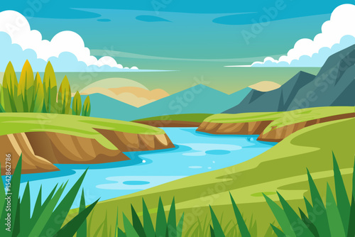Serene River Landscape Design featuring Green Meadows Mountains and Sky ideal for Branding Projects