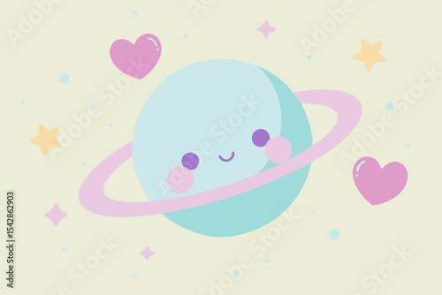 Adorable Pastel Planet Cute Space Illustration with Hearts and Stars