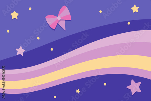 Pastel Rainbow Night Sky with Stars and Bow Dreamy Illustration