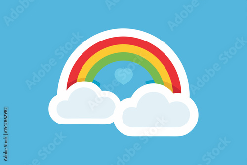 Vibrant Rainbow Arch with Clouds and Hearts A Colorful Illustration