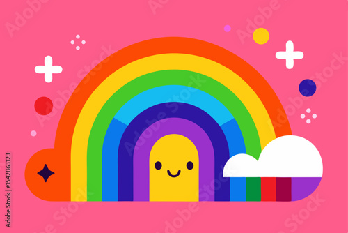 Vibrant Rainbow Illustration Colorful Arc with Happy Sun and Clouds