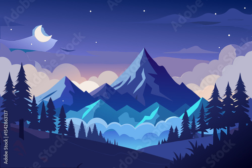 Serene Night Mountain Landscape Design featuring a crescent moon above majestic peaks and evergreen trees a perfect graphic for branding or website backgrounds