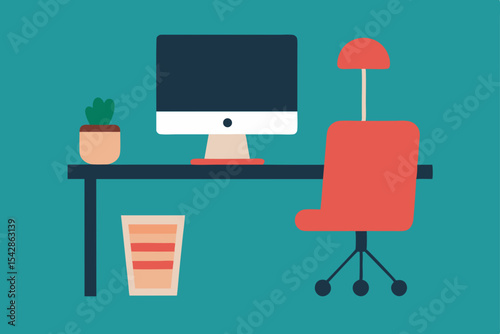 Modern Home Office Setup Desk, Computer, Chair, and Plant