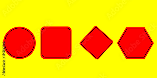 Set of round, square, rhombic, triangular and hexagonal blue road signs. Vector illustration of icons for warning about the situation on the road. White isolated background.