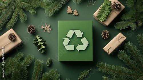 Eco Friendly Recycle Symbol Cardboard Box Surrounded by Christmas Gifts and Pine Branches