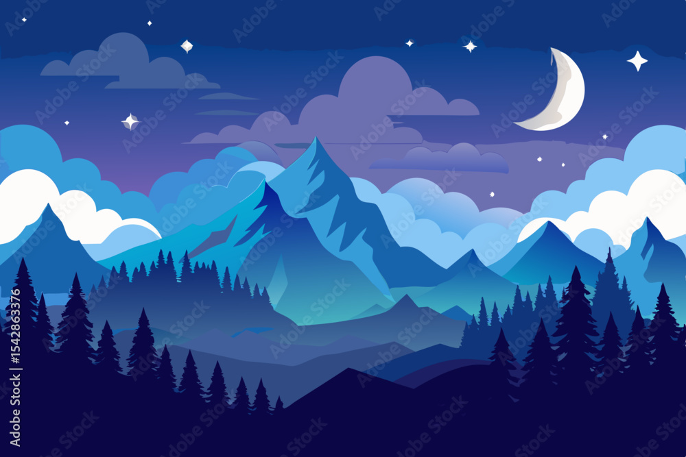 Obraz premium Serene Night Mountainscape Design featuring a crescent moon and starlit sky ideal for branding projects and logo creation