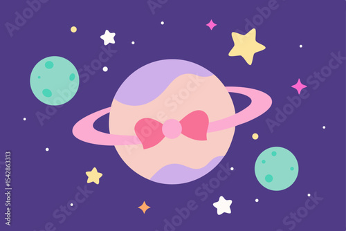 Celestial Bow Cute Planet Illustration with Stars and Rings