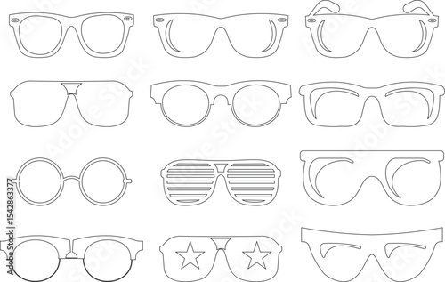 Sunglasses vector icon set for fashion accessory design summer eyewear style and sun protection Men and women glasses. hipster frame, fashion black plastic rims. Trendy Optics, modern shade graphic