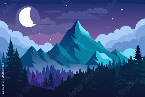 Serene Nightscape Mountain Range Design featuring a Crescent Moon and Silhouetted Pine Trees