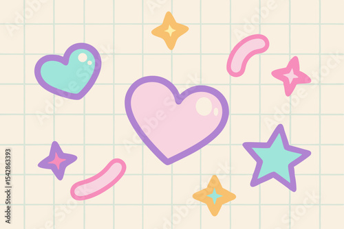 Cute Pastel Hearts, Stars, and Shapes Adorable Kawaii Illustration