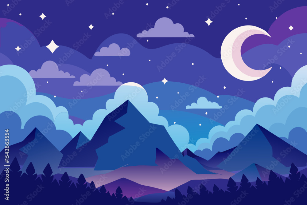 Obraz premium Serene Night Mountain Landscape Design featuring a crescent moon stars and clouds ideal for branding and decoration