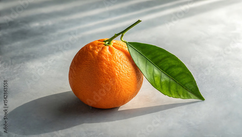 Vibrant Citrus Still Life Fresh Orange with Leaf on Textured Surface Creating Play of Light and Shadow, Food Photography