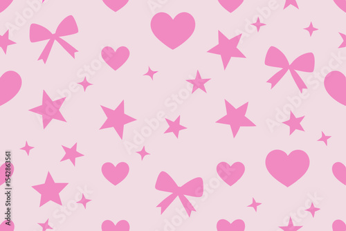 Pink Hearts, Stars, and Bows Seamless Pattern Adorable Girly Design