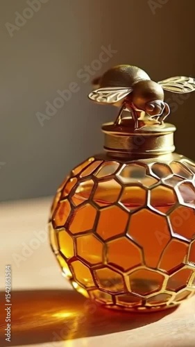 Golden ball with liquid perfume decorated with golden ornaments and a bee cap