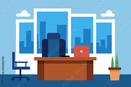 Modern Office Workspace  Desk, Chair, Laptop, City View Illustration