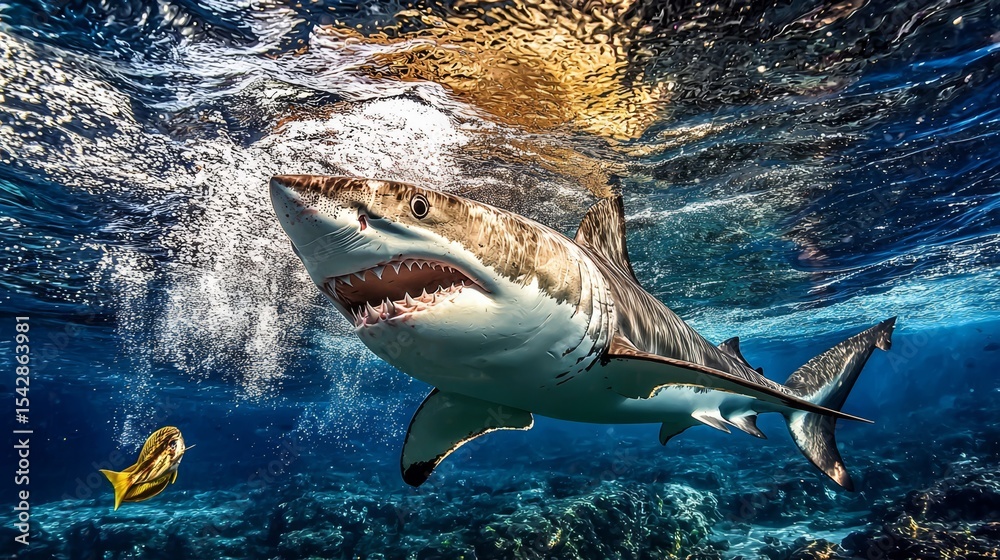 Obraz premium Witness the power of a shark as it asserts its dominance in the underwater ecosystem.