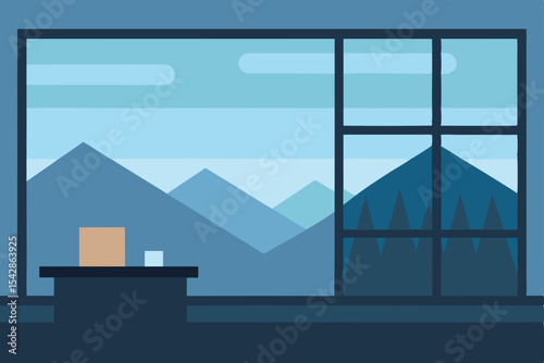 Serene Mountain View from a Cozy Room A Minimalist Illustration