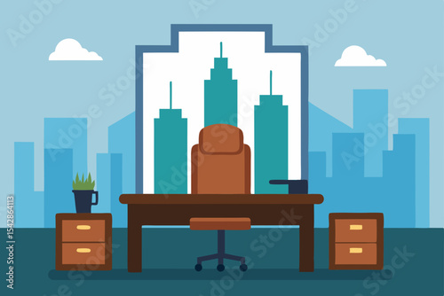 Modern Cityscape Office Executive Desk, Chair, and Inspiring View