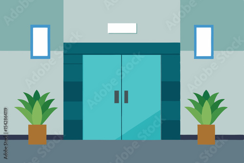 Modern Office Building Entrance Teal Doors, Plants, and Minimalist Design