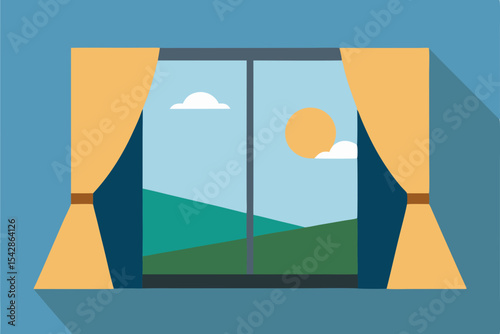 Serene Landscape View Through Window with Curtains A Peaceful Home Scene