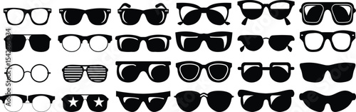 Sunglasses vector icon set for fashion accessory design summer eyewear style and sun protection Men and women glasses. hipster frame, fashion black plastic rims. Trendy Optics, modern shade graphic