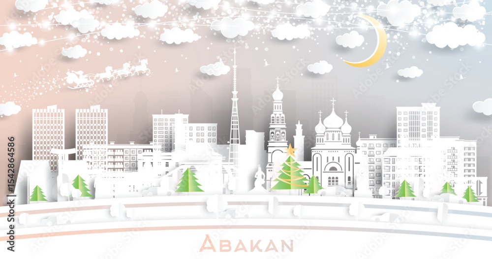 Fototapeta premium Abakan. Russia. Winter city skyline in paper cut style with snowflakes, moon and neon garland. Christmas and new year. Santa Claus on sleigh. Abakan cityscape with landmarks. Illustration.
