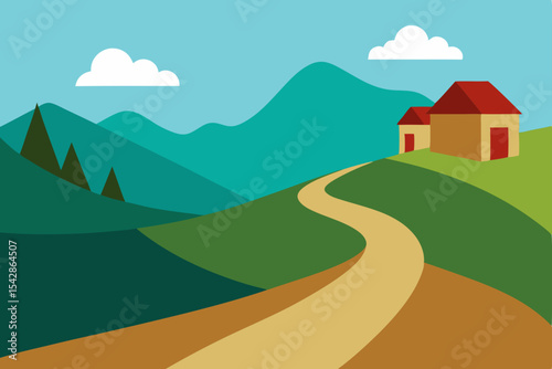 Serene Countryside Vista Winding Road, Houses, and Mountain Landscape Illustration